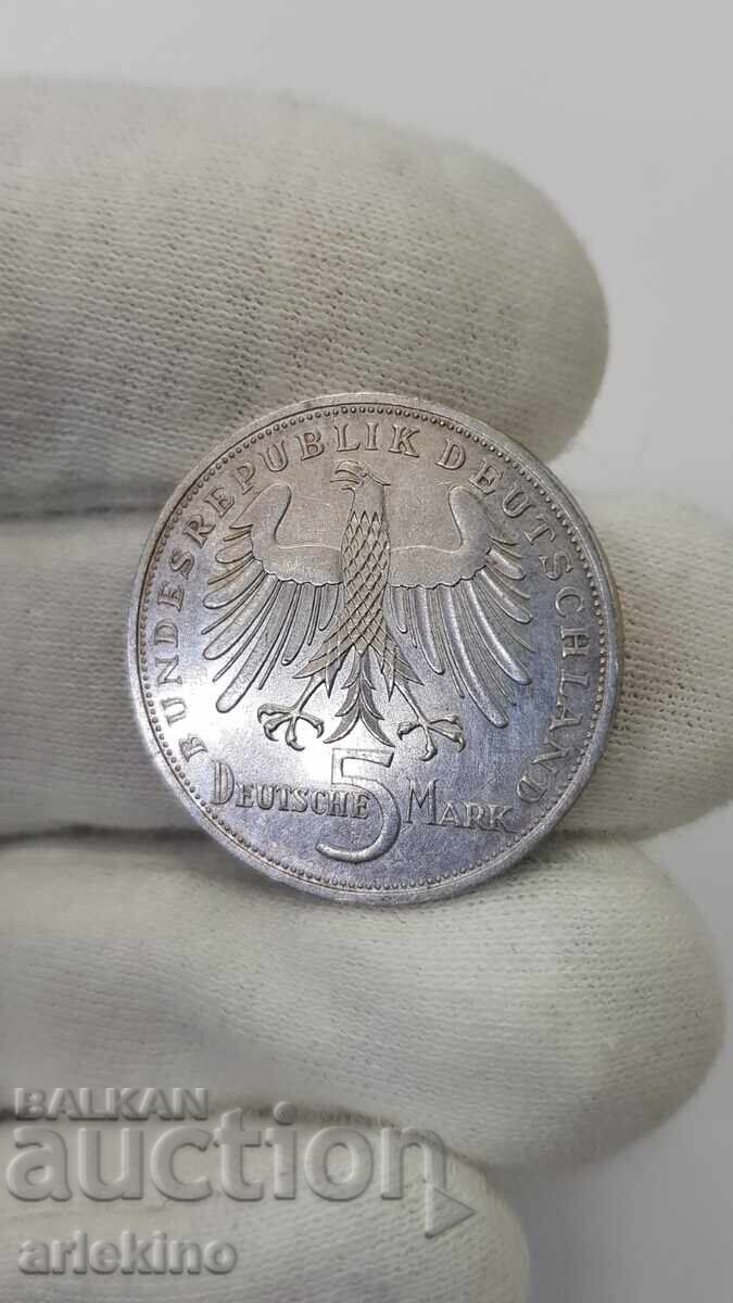 Monedă rară de argint 5 mărci 1955 F SCHILLER Germania - 5