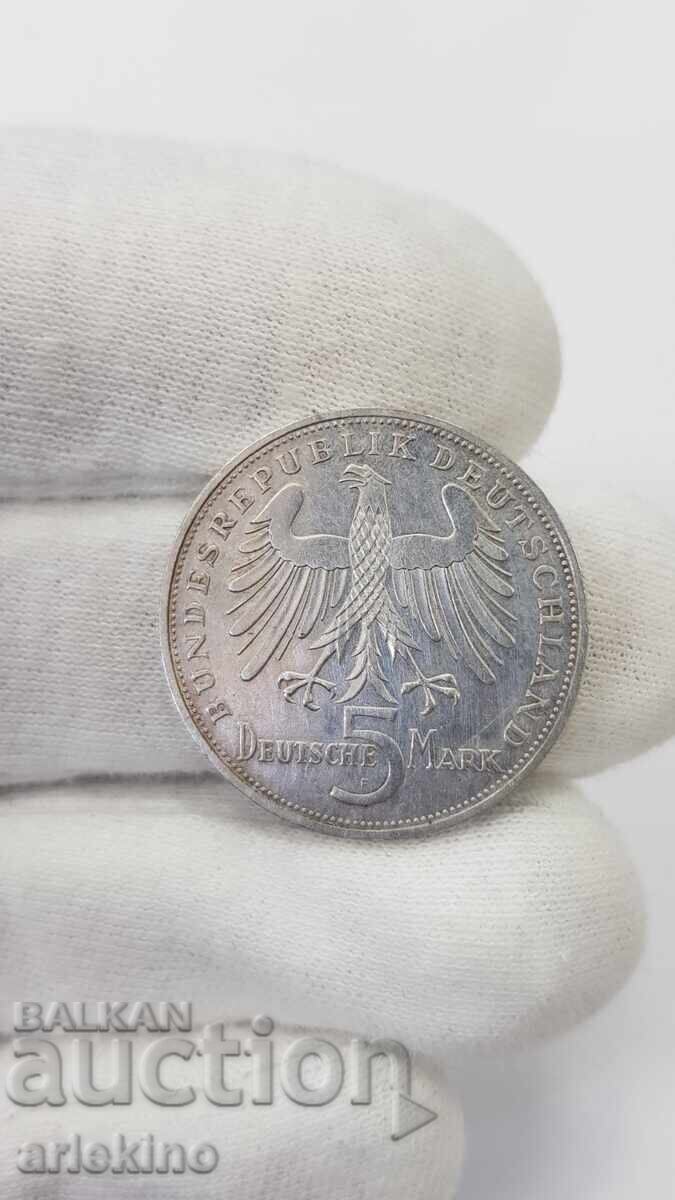 Monedă rară de argint 5 mărci 1955 F SCHILLER Germania - 6