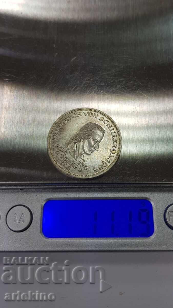 Monedă rară de argint 5 mărci 1955 F SCHILLER Germania - 7