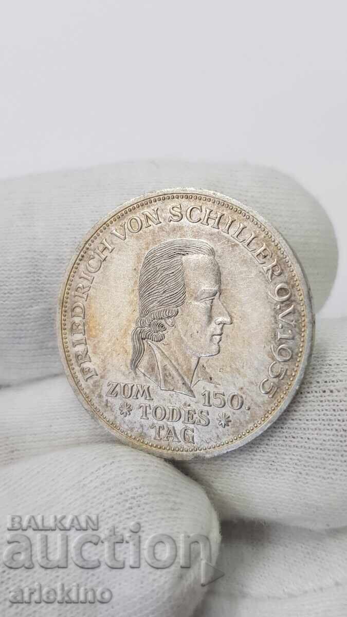 Monedă rară de argint 5 mărci 1955 F SCHILLER Germania
