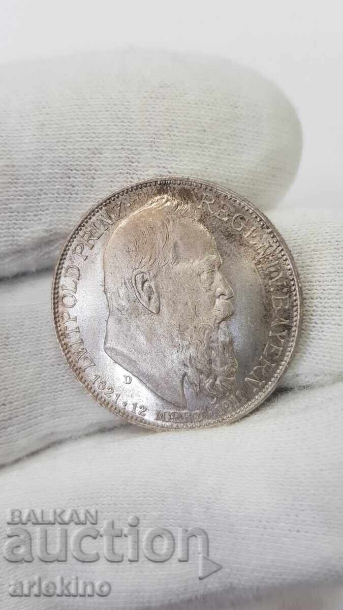Monedă rară de argint 2 mărci 1911 D BAYERN