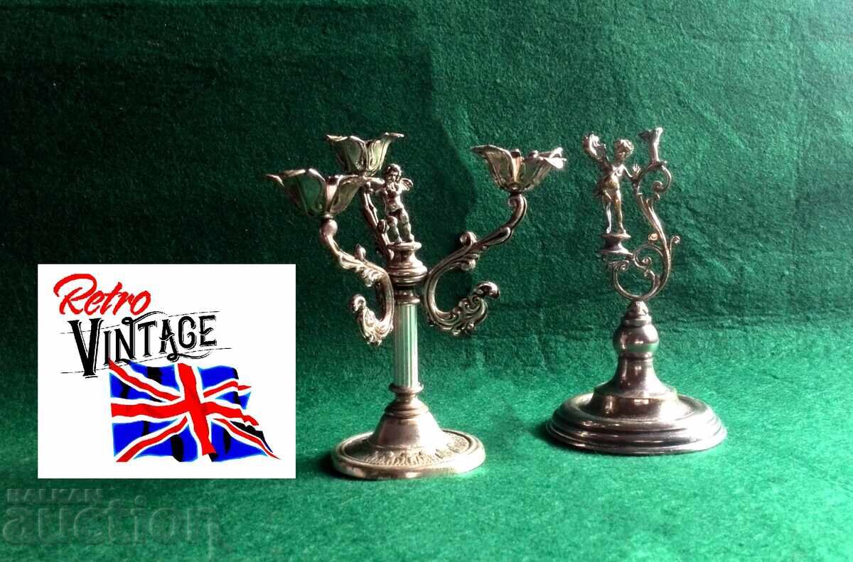 Свещници, канделабър , сребърен, с ангел Купидон за три свещ