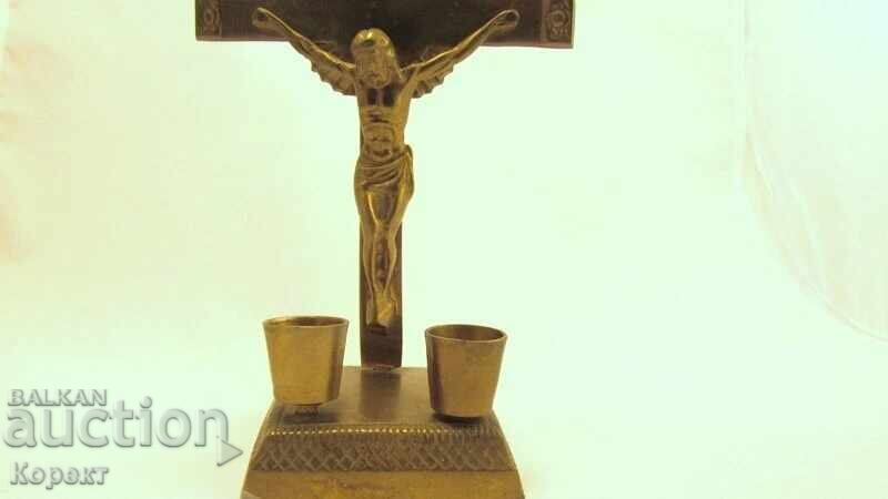 Altar antic, piedestal în picioare, crucifix din bronz, cruce - 6