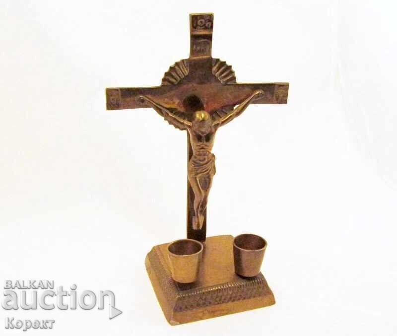 Altar antic, piedestal în picioare, crucifix din bronz, cruce - 7
