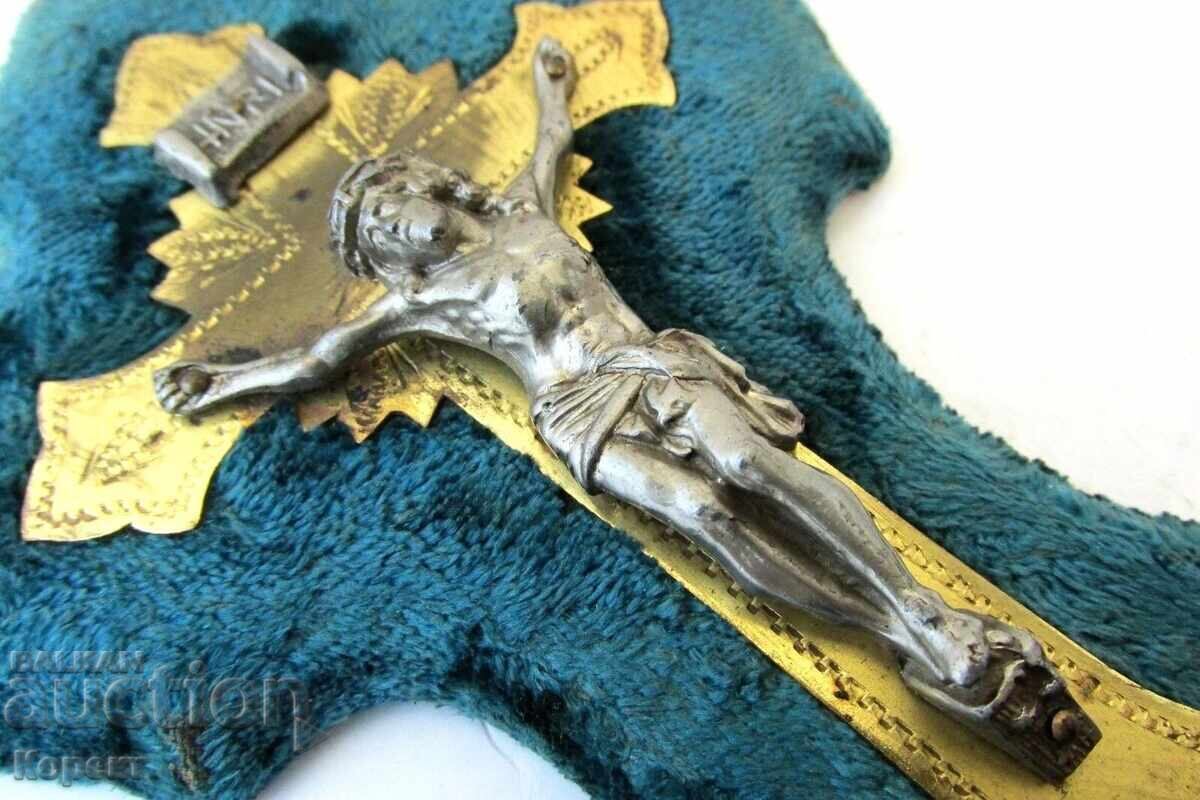 Cruce de perete antică franceză, crucifix cu recipient pentru apă sfințită - 5
