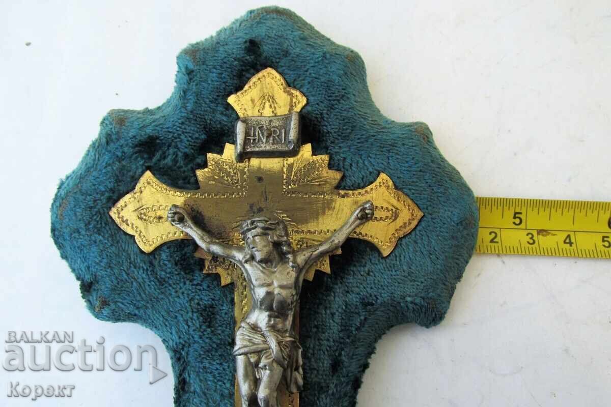 Cruce de perete antică franceză, crucifix cu recipient pentru apă sfințită - 6