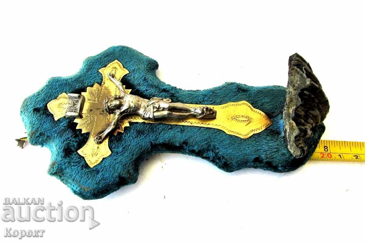 Cruce de perete antică franceză, crucifix cu recipient pentru apă sfințită - 7