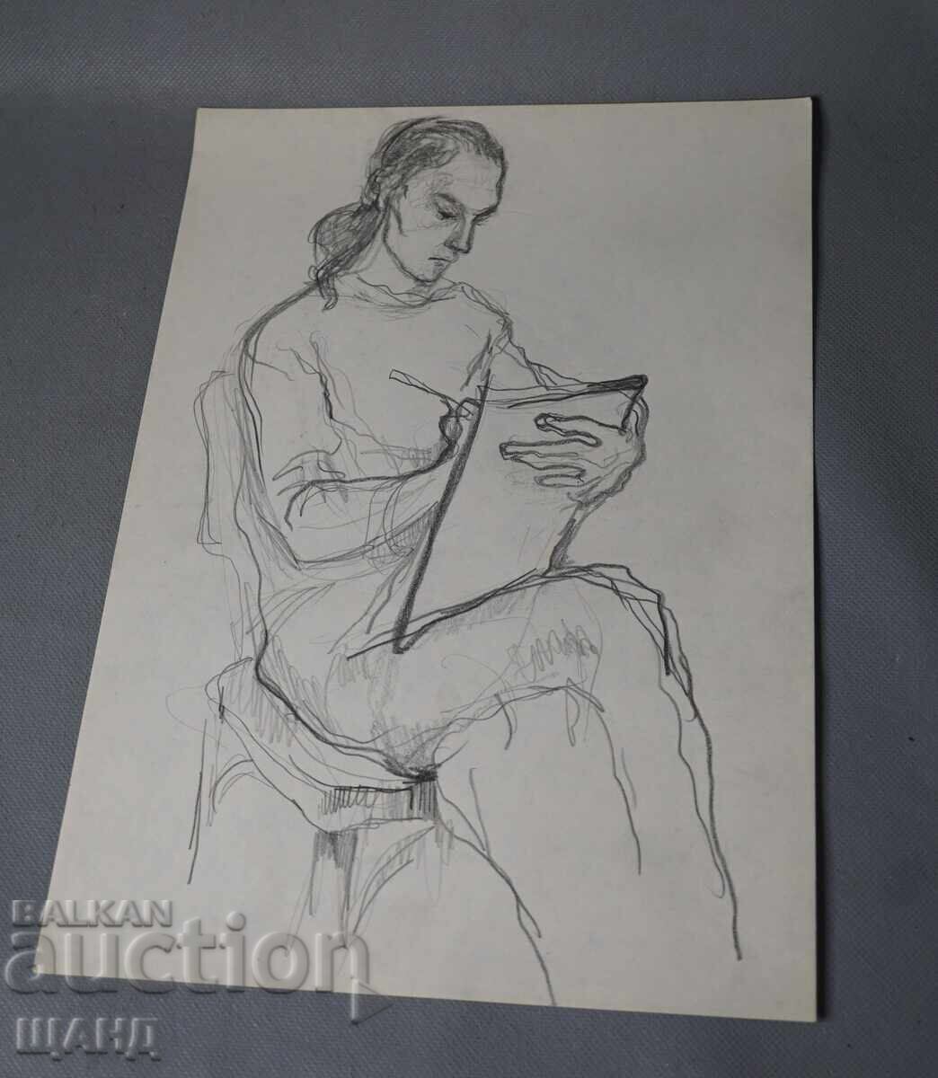 Desen vechi de maestru, portret în creion, femeie artistă pictând