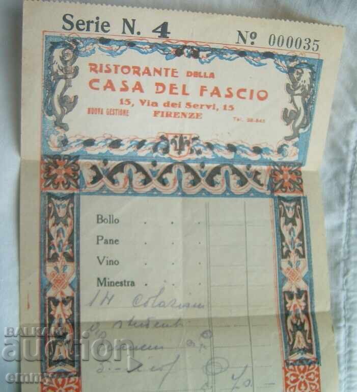 Chitanță de la restaurant, Florența, Italia, 1930 cu preț € 8.50 | 16.62 BGN