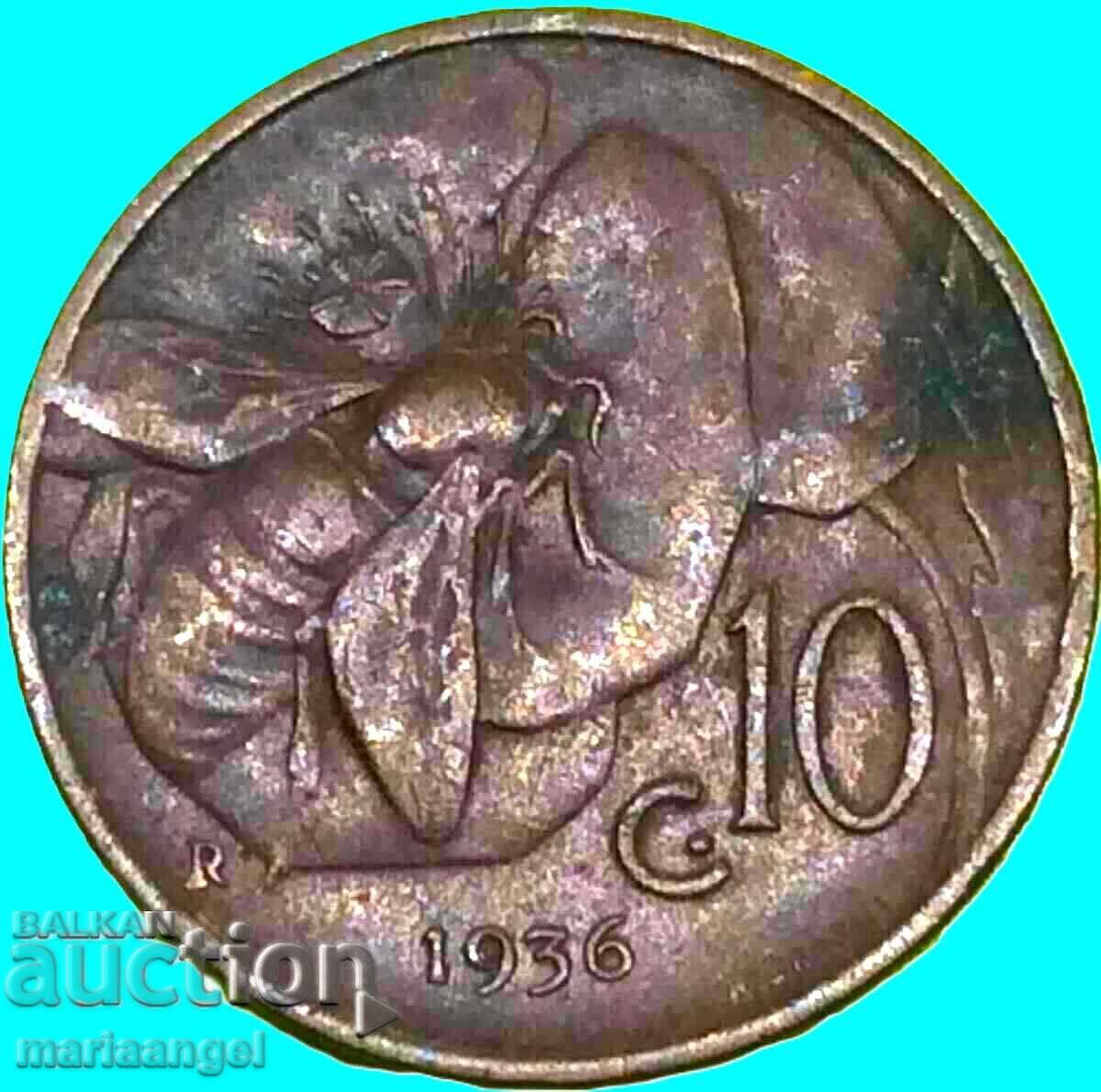 10 Centesimi 1936 Italy Rome Bee - Rare Year - 7