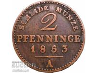 Moneda de cupru 2 Pfennig 1853 Prusia Germania