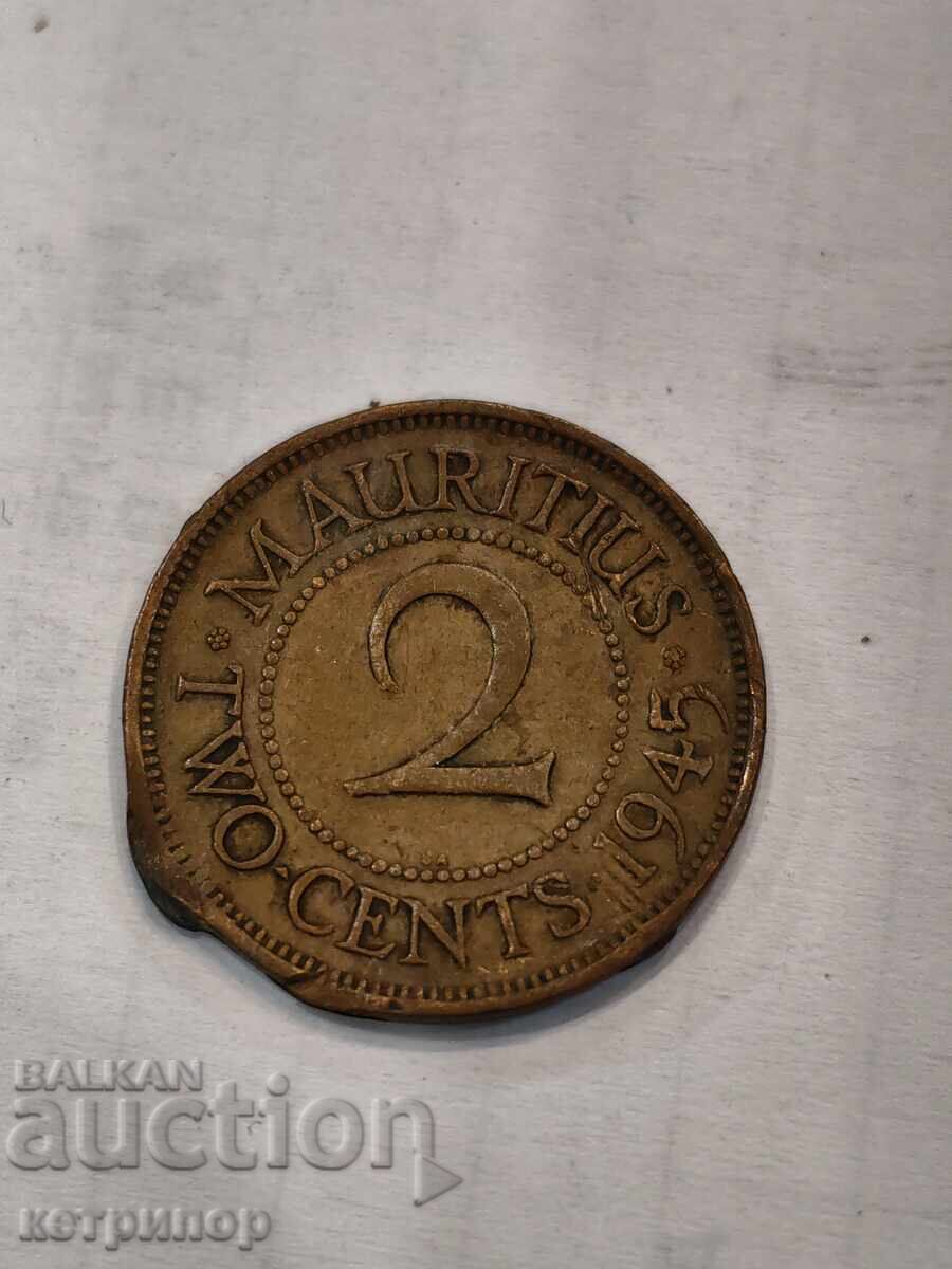 2 cents Mauritius 1945 copper