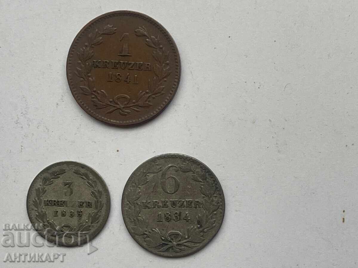 Germania 3 monede 1, 3 și 6 kreuzer Baden 1834,1835,1841