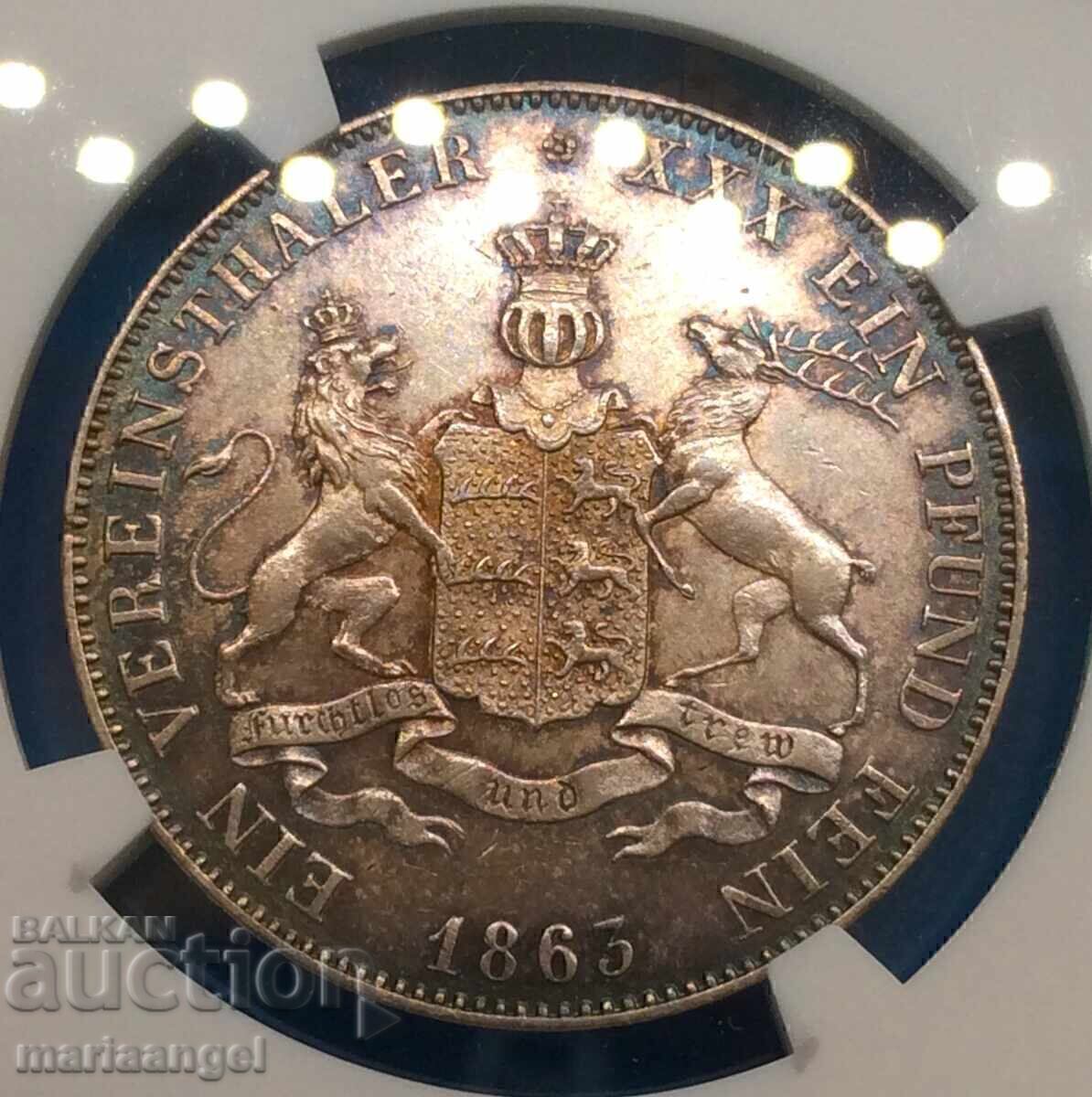 Licitație Thaler 1863 Germania Württemberg NGC AU Detalii argint Patină