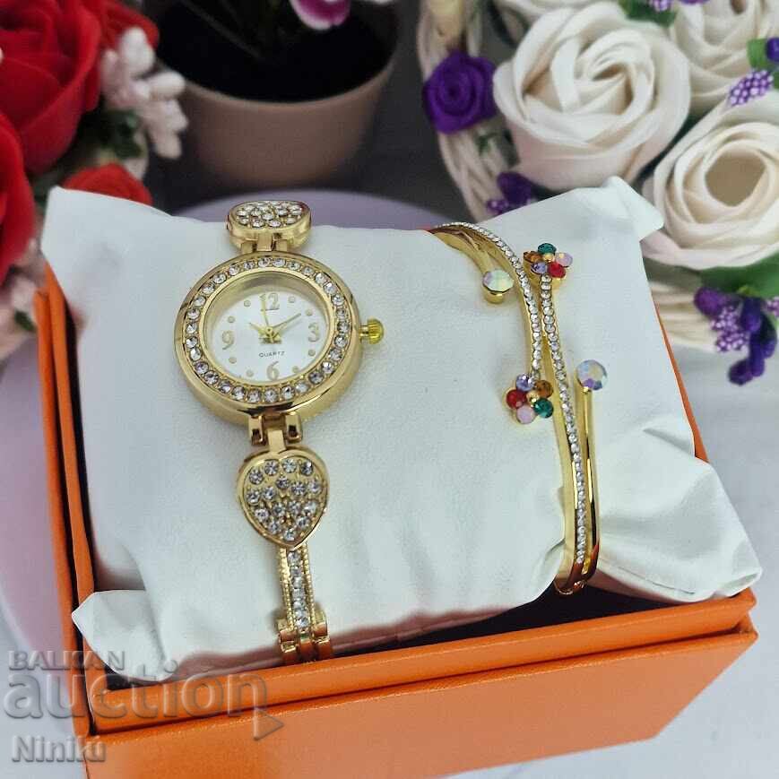 Дамски комплект ⌚ | часовник и гривна с камъни