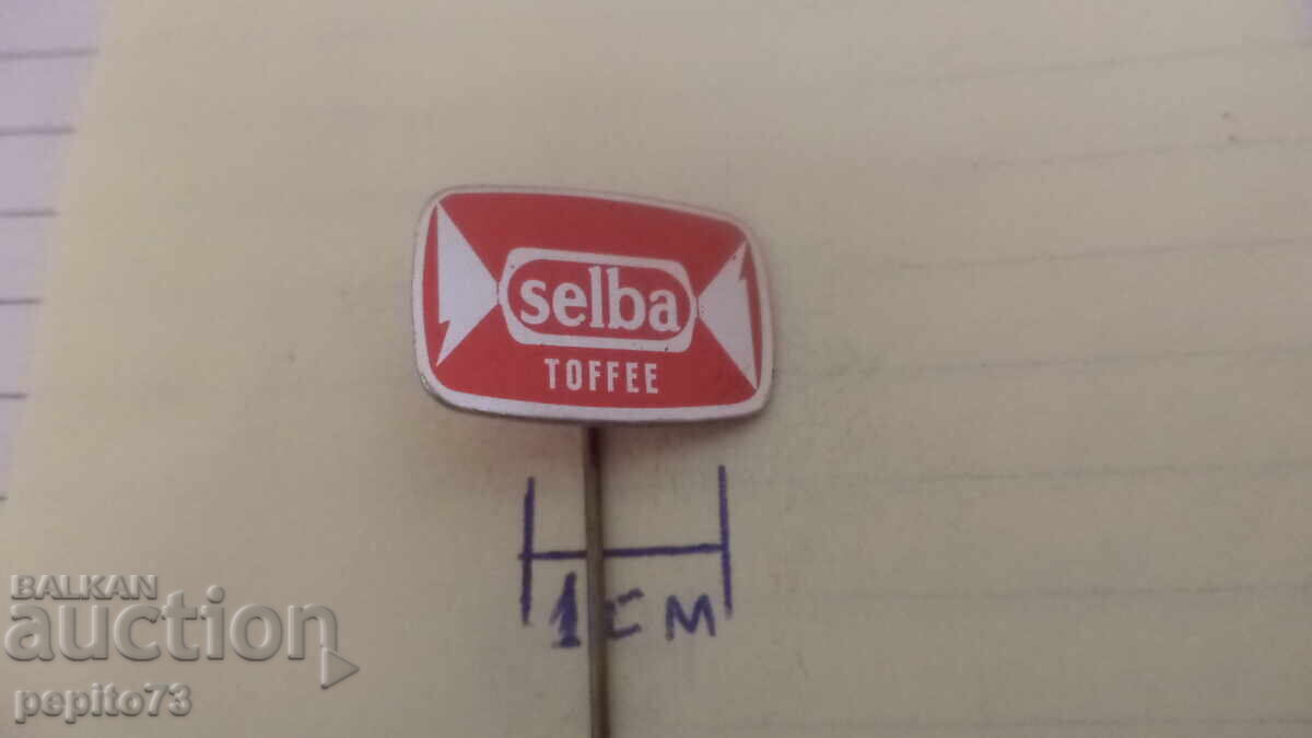 Advertising badge, Selba, brand of toffee and candies with price € 1.00 | 1.96 BGN