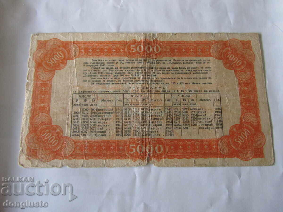 Obligațiune de tezaur de stat 5000 leva 15.11.1944 cu preț € 50.00 | 97.79 BGN Obligațiune de tezaur de stat 5000 leva 15.11.1944 cu preț € 50.00 | 97.79 BGN