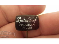 Advertising badge, Ruiten Troef, brand of canned goods, glass
