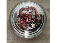 СРЕБРО 1 Oz Лунар, година на Дракона 2012 червен