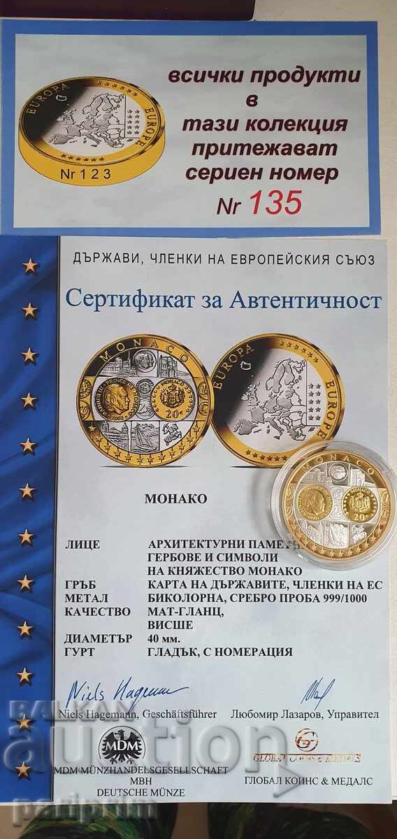 Argint 999, 20 gr., 24 kt, MONACO, Proof, PATRU