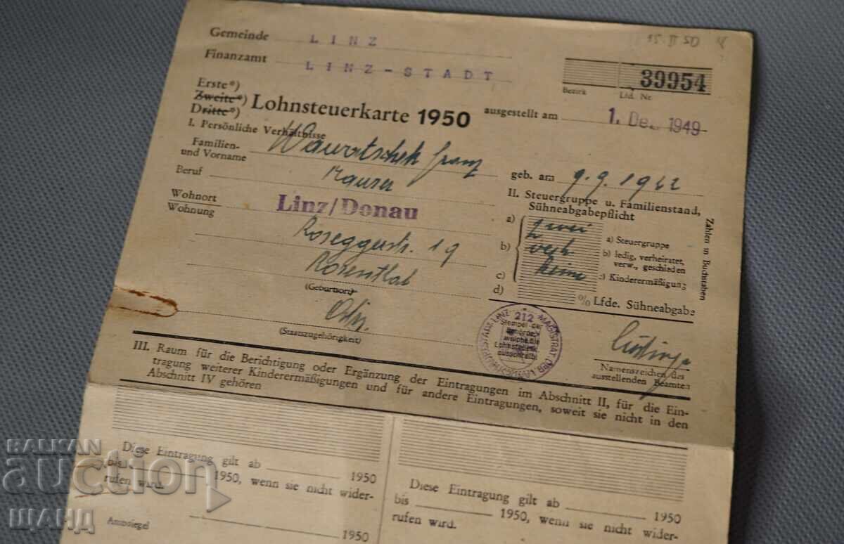 1949 Austria document card de impozit pentru salarii cu preț € 5.15 | 10.07 BGN 1949 Austria document card de impozit pentru salarii cu preț € 5.15 | 10.07 BGN