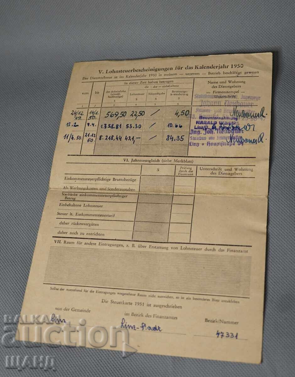 Licitație 1949 Austria document card de impozit pentru salarii Licitație 1949 Austria document card de impozit pentru salarii