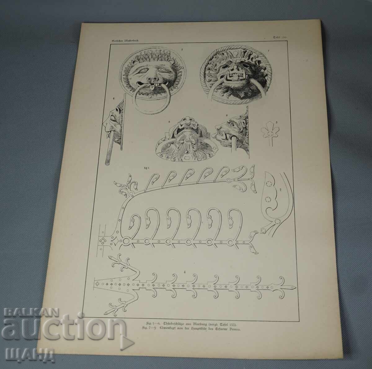 1900 αρχιτεκτονική λιθογραφία λεπτομέρειες από εκκλησιαστική πόρτα