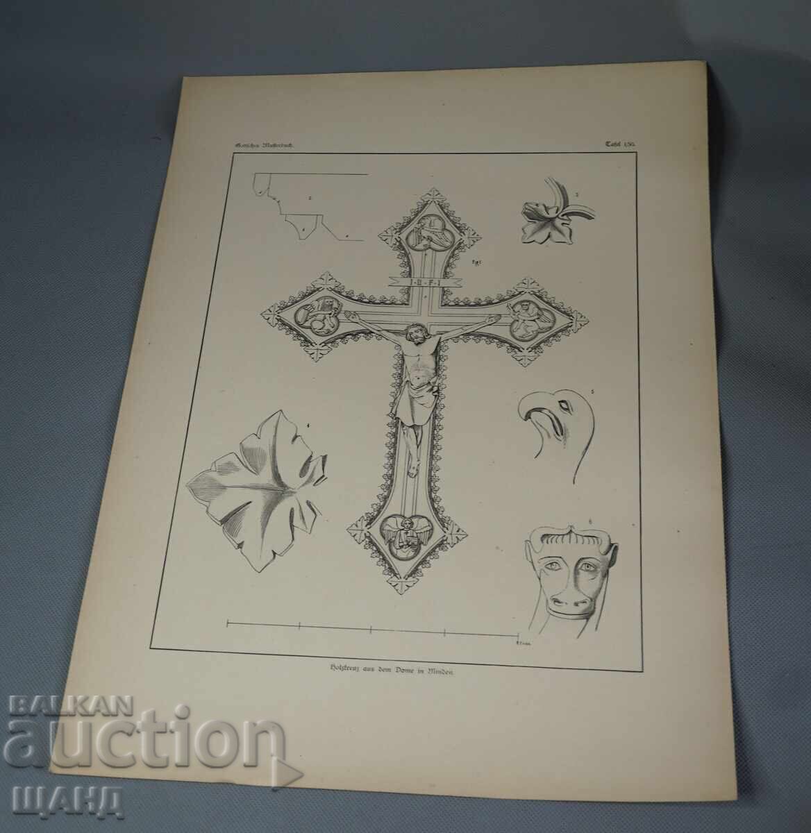 1900 Litografie arhitecturală element gotic cruce