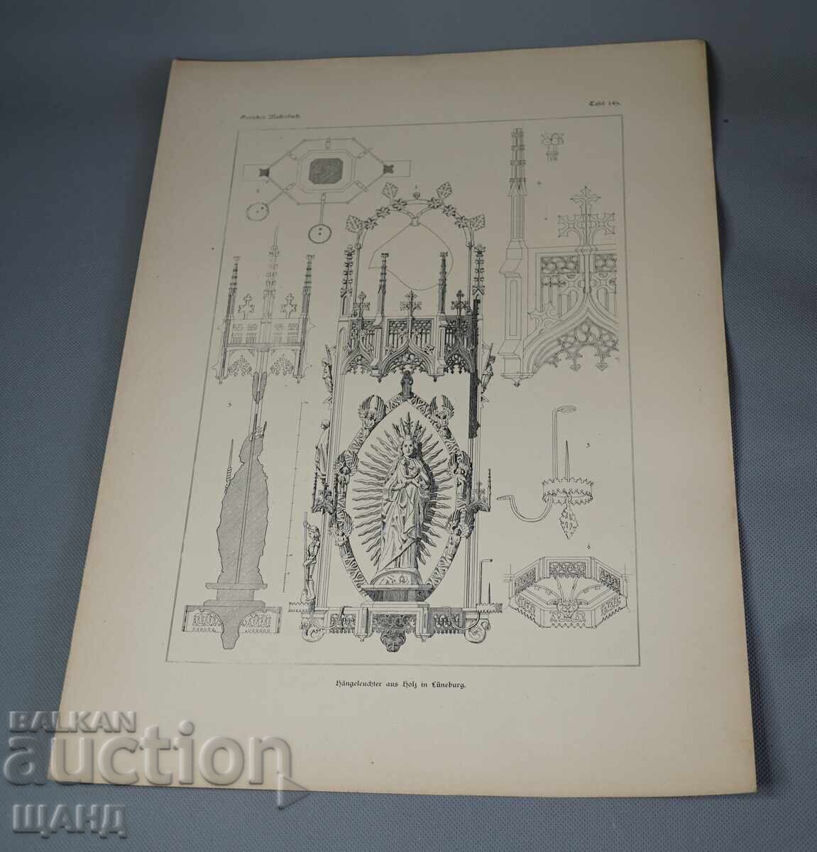 1900 αρχιτεκτονική λιθογραφία κρεμαστό ξύλινο πολυέλαιο