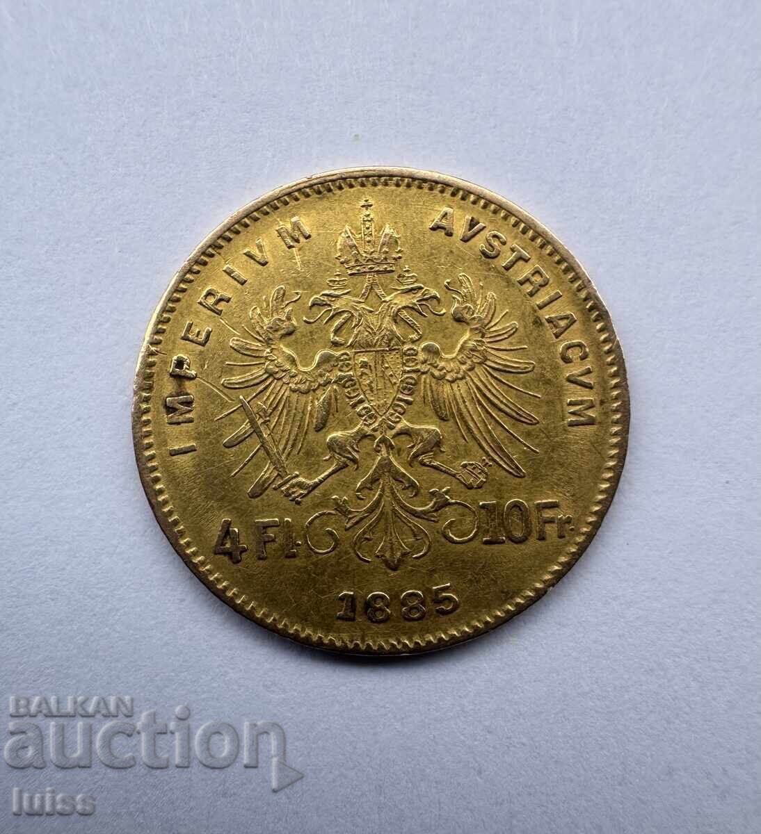 Monedă de Aur Austria 4 Florini /10 Franci 1885, Franz Joseph