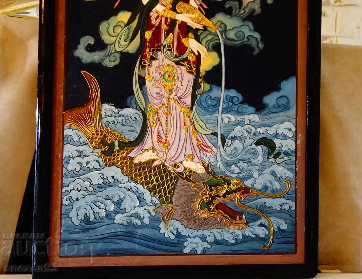 Pictură japoneză cu zeița Guanyin, aur, relief - 5