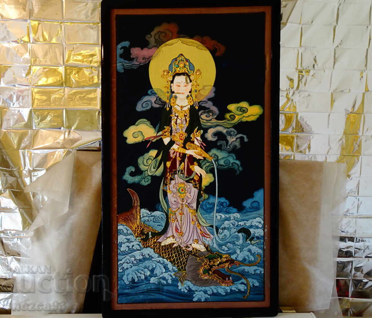 Pictură japoneză cu zeița Guanyin, aur, relief