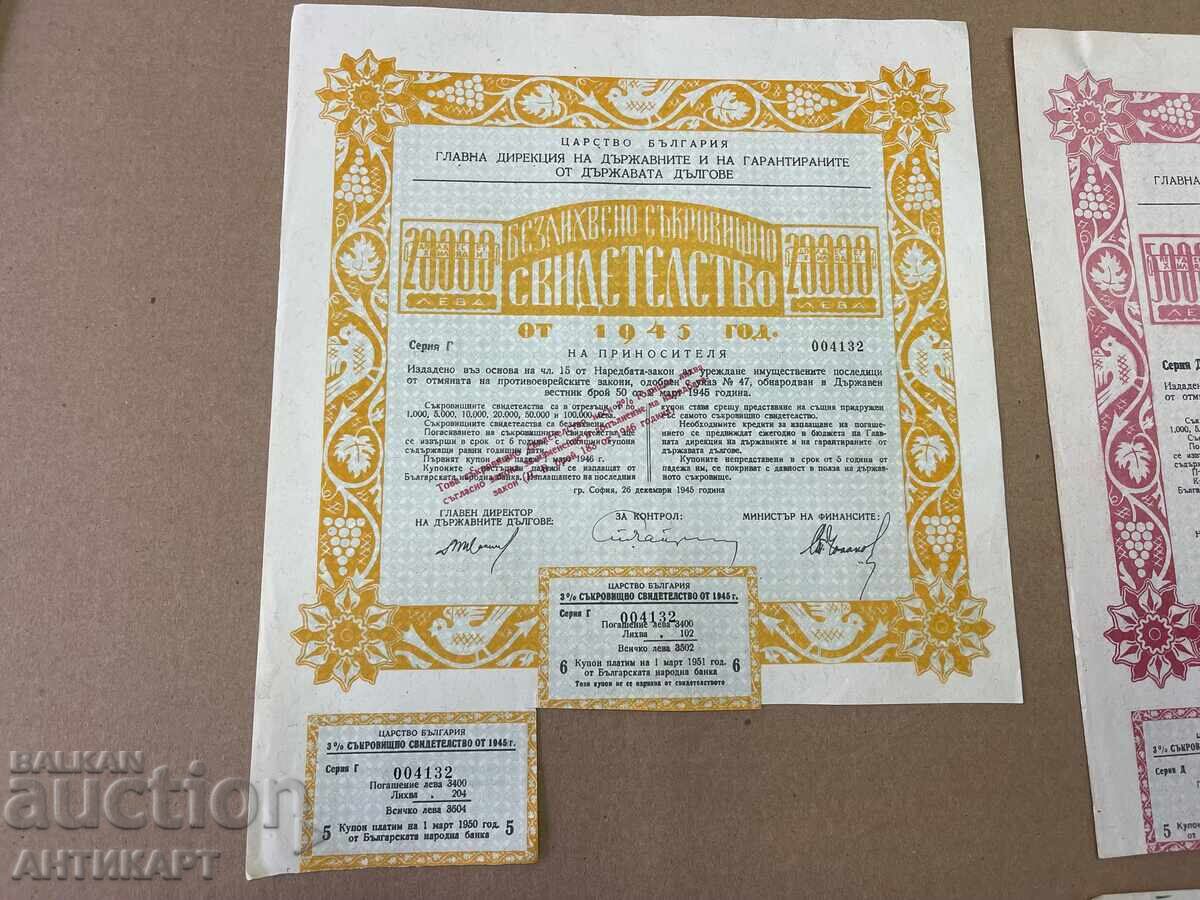 Livrarea 4 obligațiuni evreiești 1945 fără dobândă, certificat de tezaur