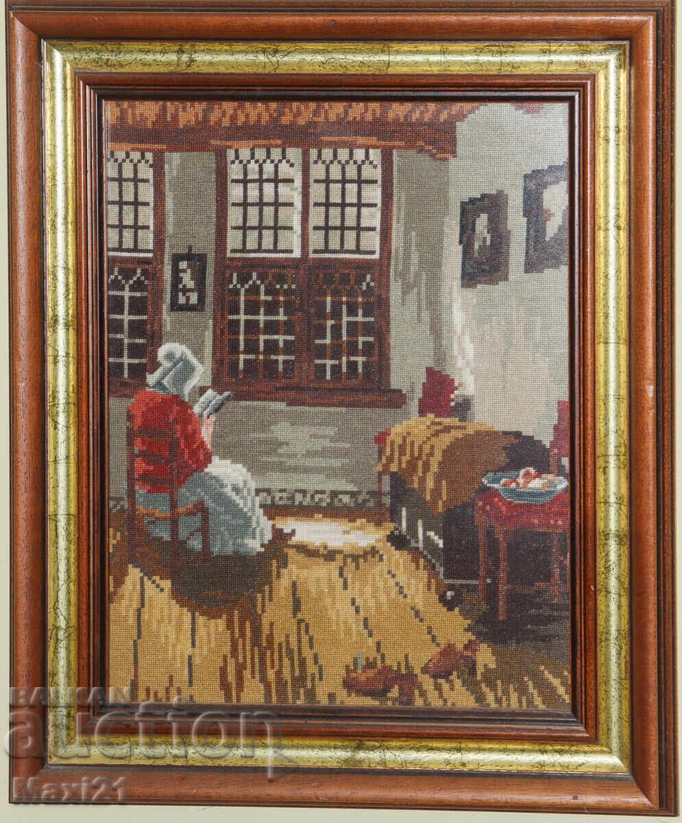 Аукцион Ръчно изработен гоблен " Жена с библия " рамка