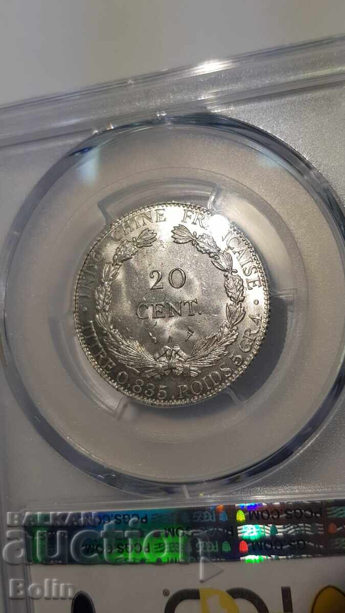 Auction MS 62 - Rare Coin 20 Centimes - 1908 INDO-CHINA - France Auction MS 62 - Rare Coin 20 Centimes - 1908 INDO-CHINA - France