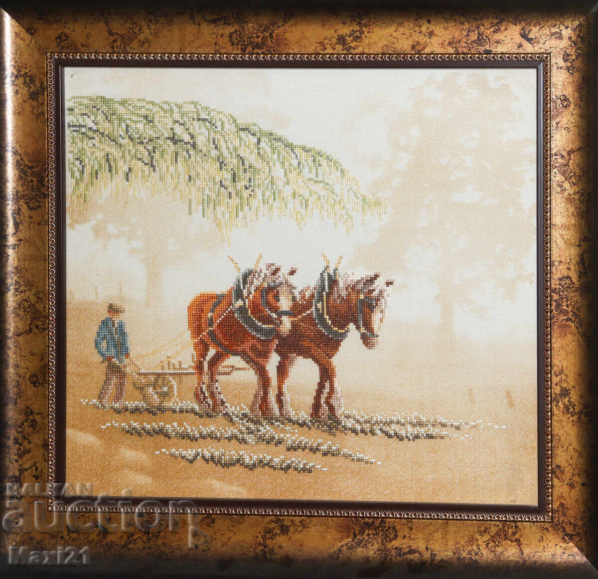 Licitație Goblen lucrat manual "Pe câmp" cu ramă