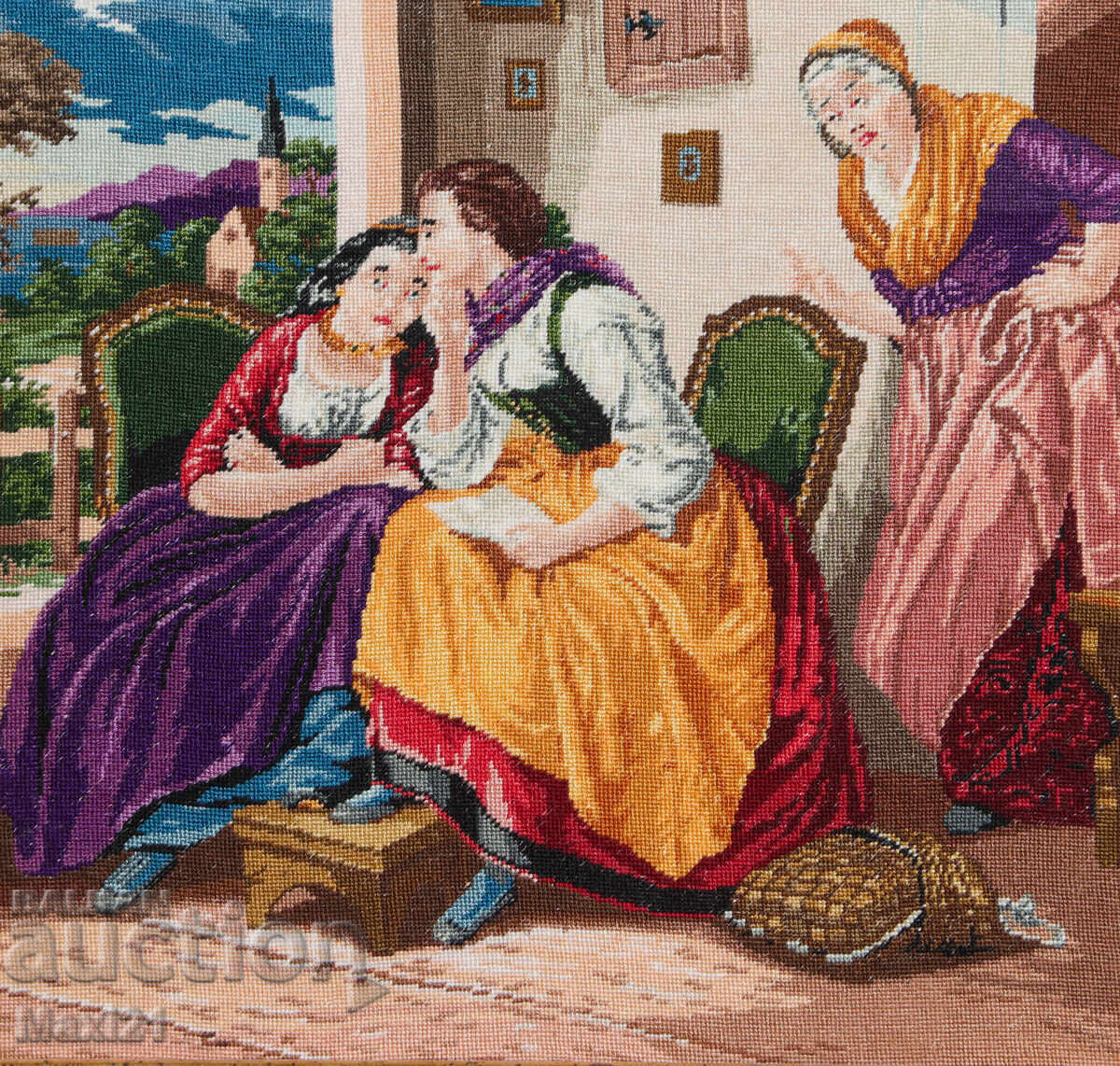 Goblen lucrat manual "Bârfitoarele" cu ramă - 5