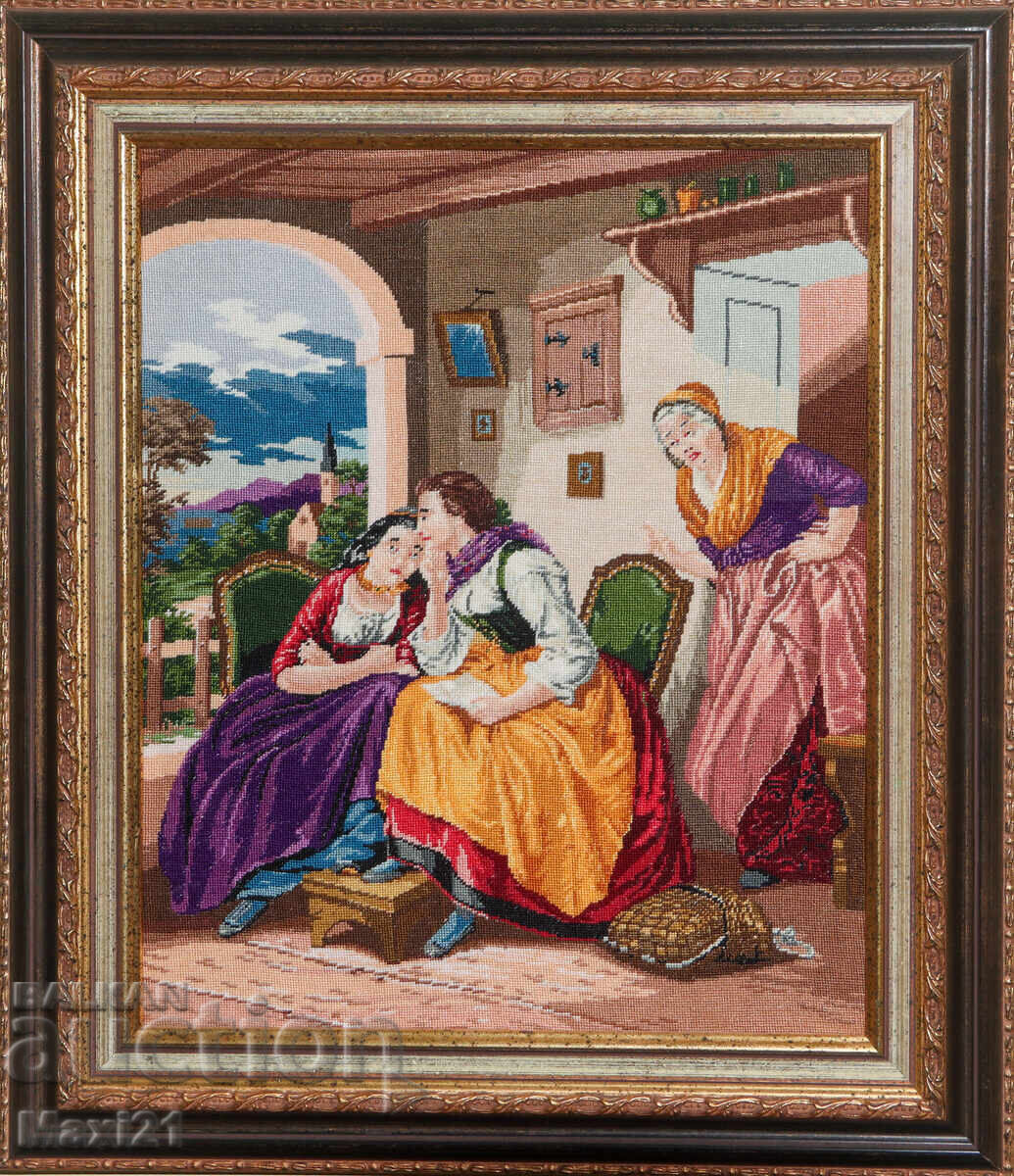 Goblen lucrat manual "Bârfitoarele" cu ramă