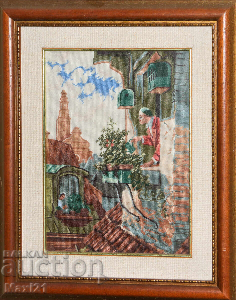 Χειροποίητο κέντημα "Στην ταράτσα" σε κορνίζα