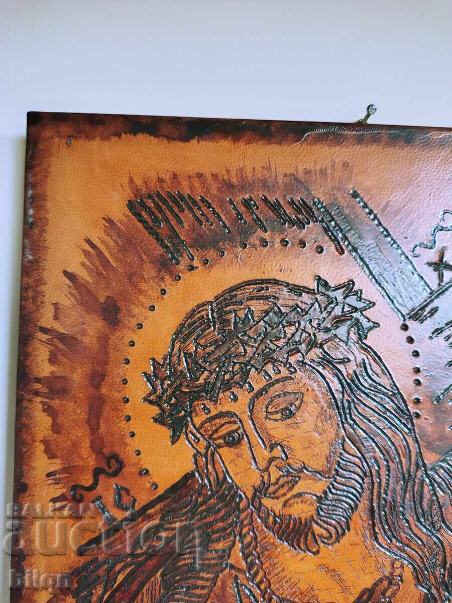 Icon of Jesus Christ with a Crown of Thorns Pyrography on Wood with price € 49.98 | 97.75 BGN
