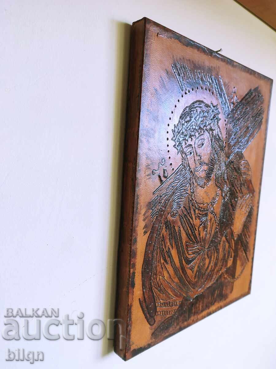 Delivery of Icon of Jesus Christ with a Crown of Thorns Pyrography on Wood