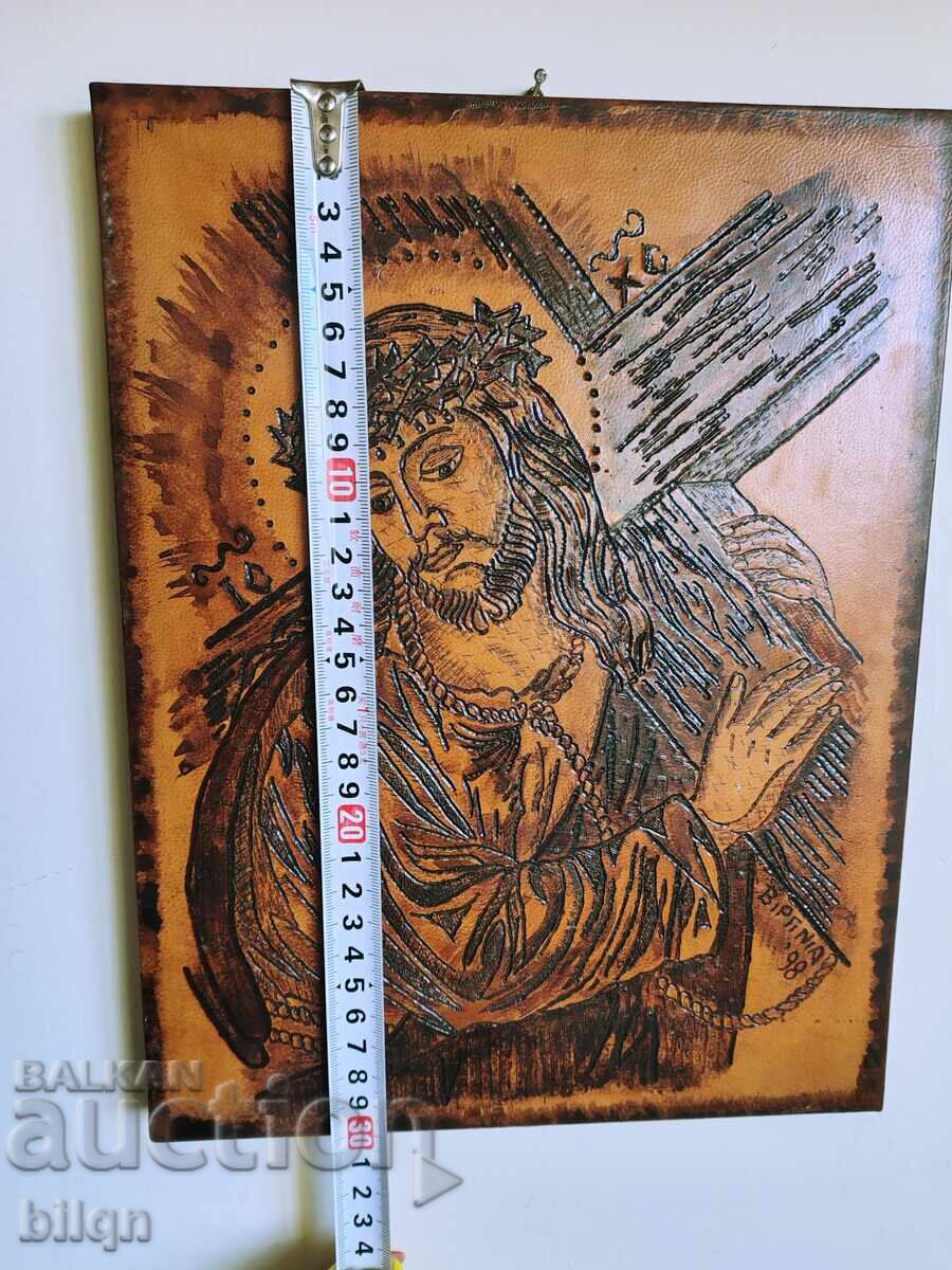 Icon of Jesus Christ with a Crown of Thorns Pyrography on Wood - 5