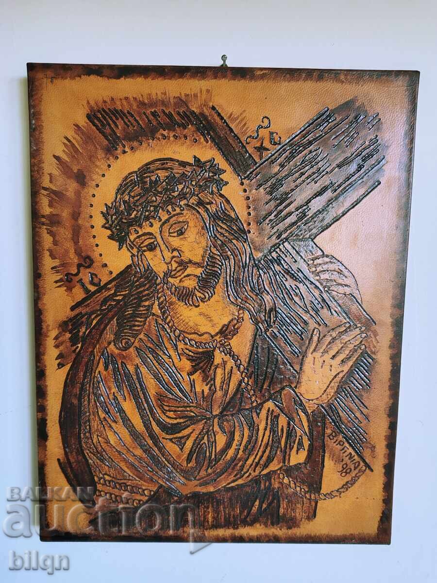 Icon of Jesus Christ with a Crown of Thorns Pyrography on Wood