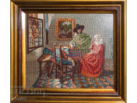 Goblen lucrat manual "Cavaler și doamnă" cu ramă