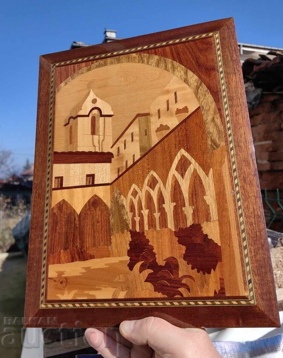 Licitație PANOU DIN LEMN INTARSIE PERFECT FRUMOS TABLOU CLOPOTNIȚĂ