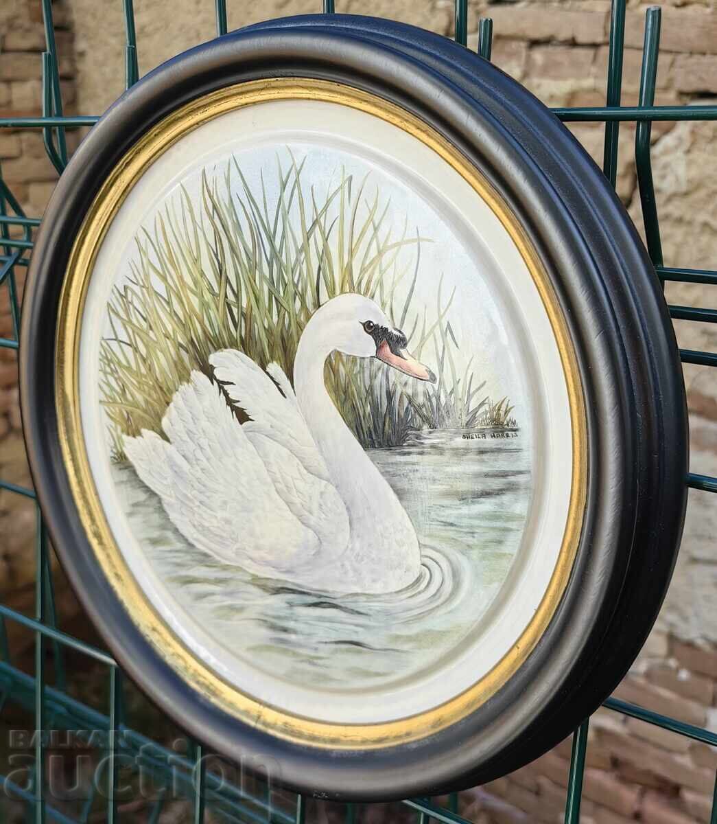 PORCELAIN SWAN PLATE WALL PANEL GIFT SIGNED with price € 12.00 | 23.47 BGN