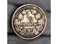 ✅GERMAN EMPIRE - 1/2 Mark 1905 - F - SILVER❗