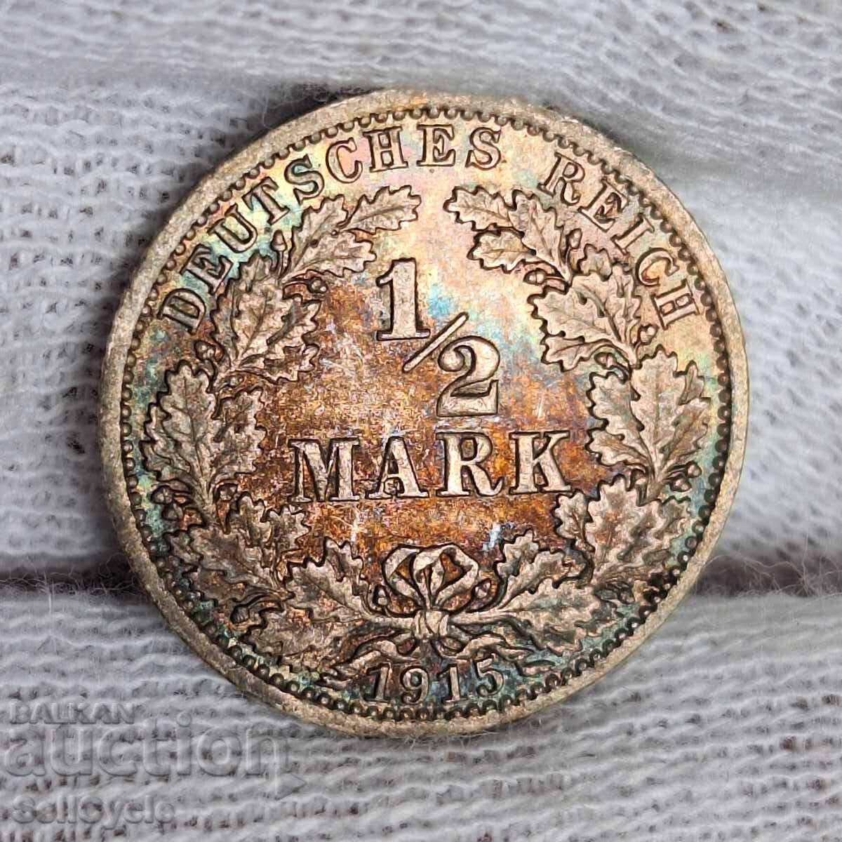 ✅IMPERIUL GERMAN - 1/2 marcă 1915 - A - ARGINT❗
