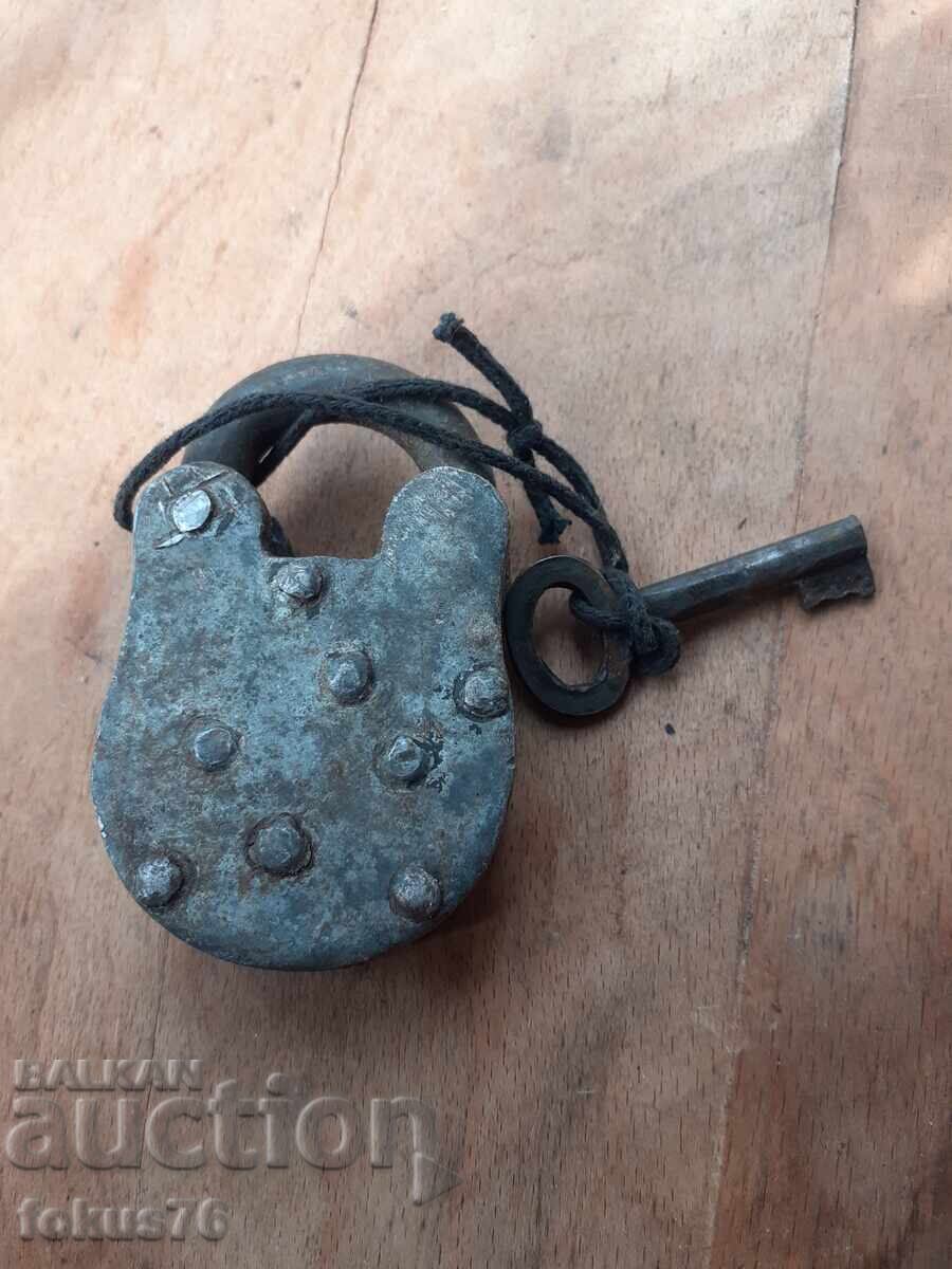 Old forged padlock coffer padlock with key, markings 2 with price € 29.00 | 56.72 BGN