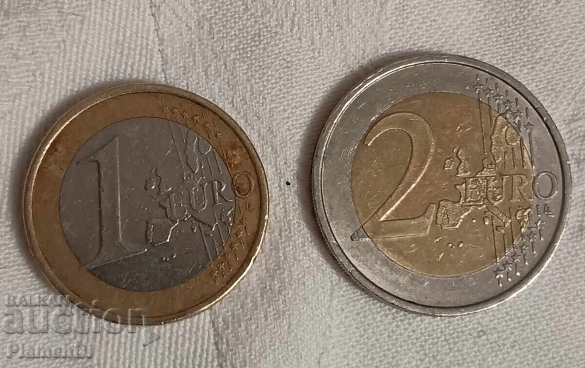 Лот от 2 монети от 1 и 2 Евро Германия 2002година с цена € 10.00 | 19.56 лв.
